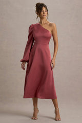 Haila | Rose Pink Satin One-Shoulder Midi Dress