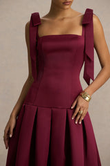Alberta | Burgundy Satin Midi Dress With Bow Straps