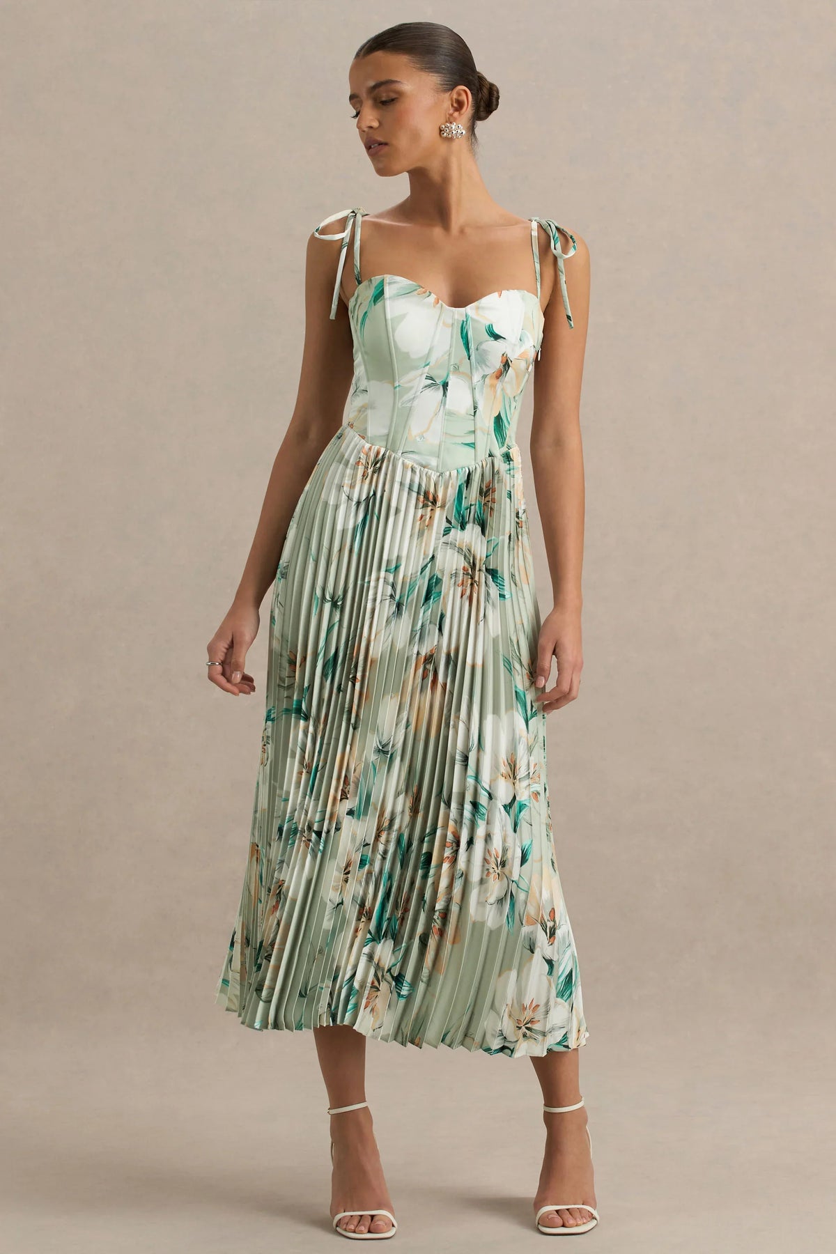 Peyton | Green Floral Print Satin Sweetheart-Neck Midi Dress With Pleated Details