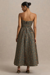 Loretta | Dark Green And Rust Embroidered Bandeau-Neck Midi Dress