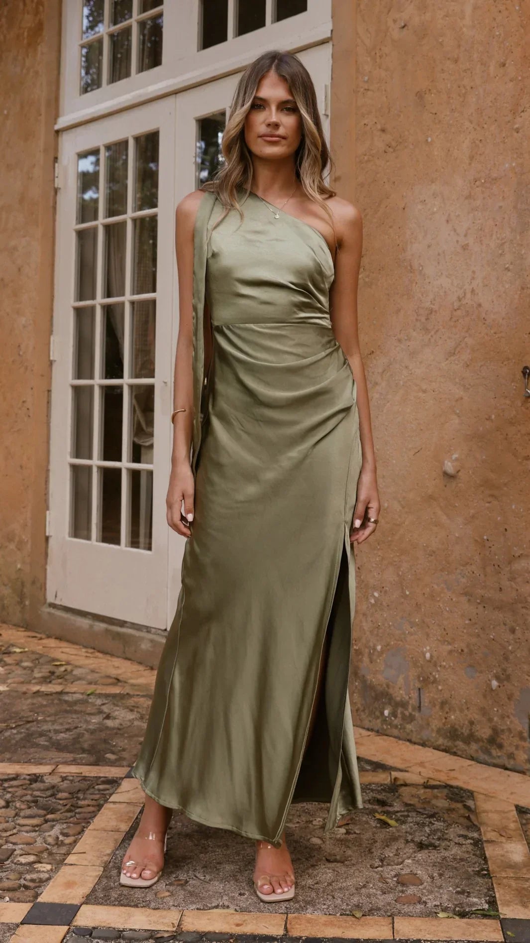 Halle One Shoulder Maxi Dress - Olive