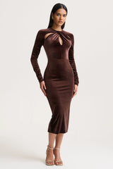 Francine | Brown Velvet Round-Neck Midi Dress With Cut-Out Details