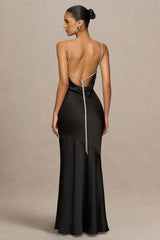 Maelia | Black Satin Cowl-Neck Maxi Dress With Diamante Straps