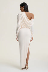 Olivia | Cream Asymmetric-Neck Maxi Dress With Ruched Detailing Asymmetric-Hem