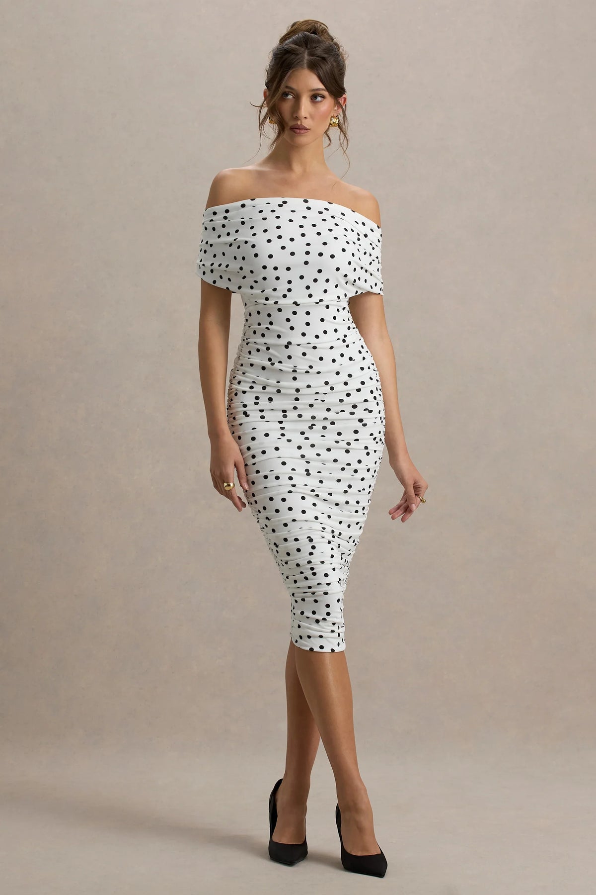 Rayleigh | Polka Dot Bardot Ruched Midi Dress