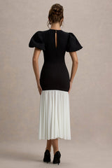 Cinzia | Black & White Puff-Sleeve Volume-Hem Midi Dress
