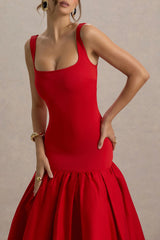 Parida | Red Poplin Drop-Waist Midi Dress With Peplum Hem