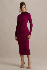 Tamara | Burgundy Long-Sleeve Ruched Midi Dress