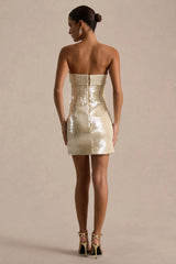 Casandra | Champagne Sequin Bandeau Mini Dress With Satin Trim
