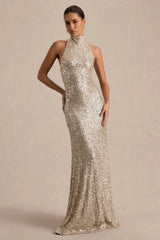 Tulia | Champagne Sequin High-Neck Maxi Dress