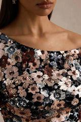 Electric | Black Velvet & Embellished Sequin Floral Asymmetric-Neck Maxi Dress