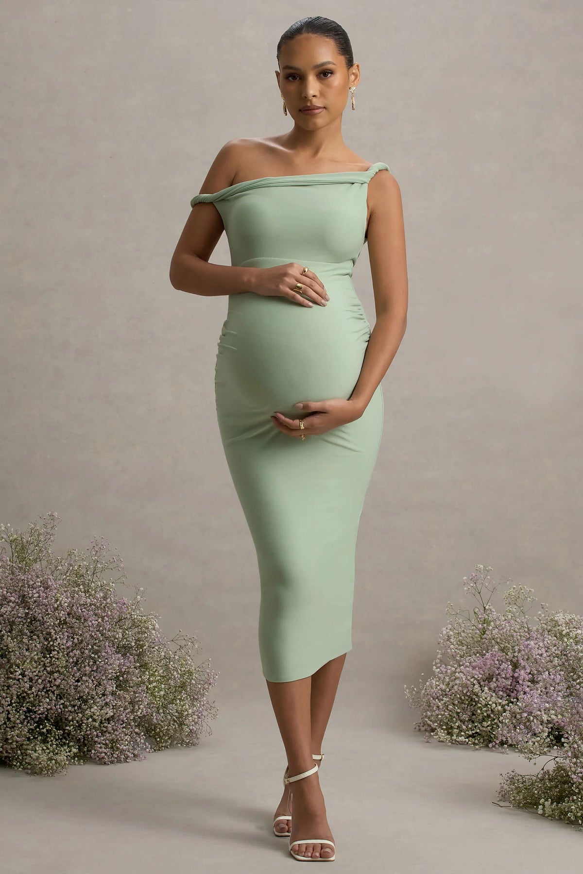 Salome | Light Green Twisted Asymmetric Maternity Midi Dress