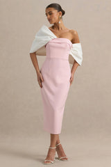 Lucille | Rose Pink & White Asymmetric Bardot Midi Dress