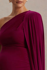 Amaryllis | Berry Maternity One Shoulder Maxi Dress with Cape Sleeve