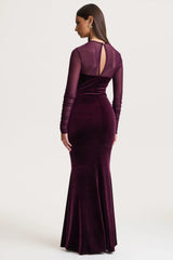 Cambria | Plum Velvet High-Neck Maxi Dress With Draped-Detailing
