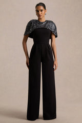 Eloriana | Black Hand-Embellished High-Neck Jumpsuit