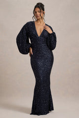 Kaelin | Navy Sequin Plunge-Neck Maxi Dress