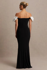 Didi | Black & White Bardot Bow Detail Maternity Maxi Dress