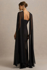 Chessa | Black Slashed-Neck Maxi Dress With Sheer Cape