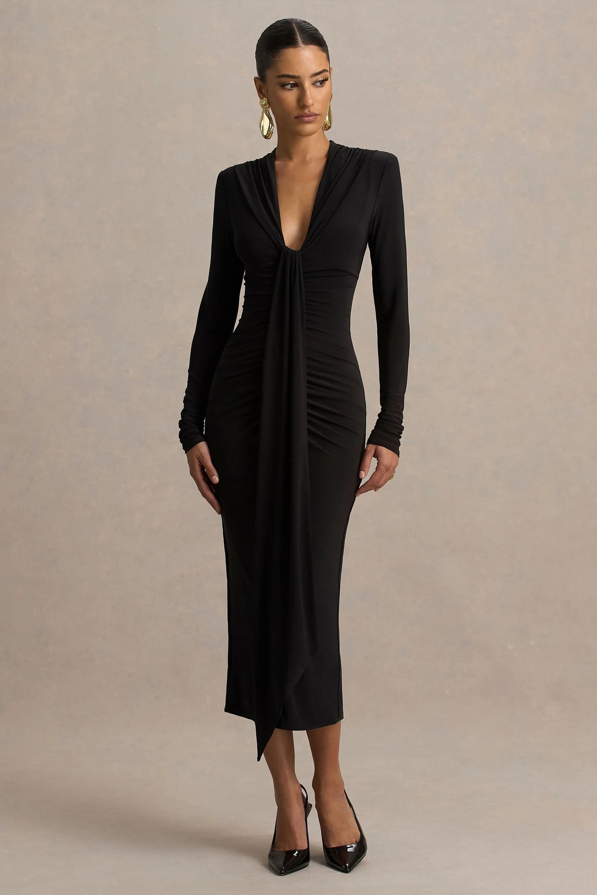 Ivara | Black Plunge-Neck Midi Dress With Ruched Detailing And Sash