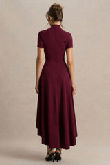 Bellona | Burgundy High-Neck High-Low Midi Dress