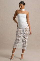 Tamala | White High-Neck Midi Dress With Lace Skirt