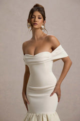 Posie | Stone Bardot Midi Dress With Puffball Hem