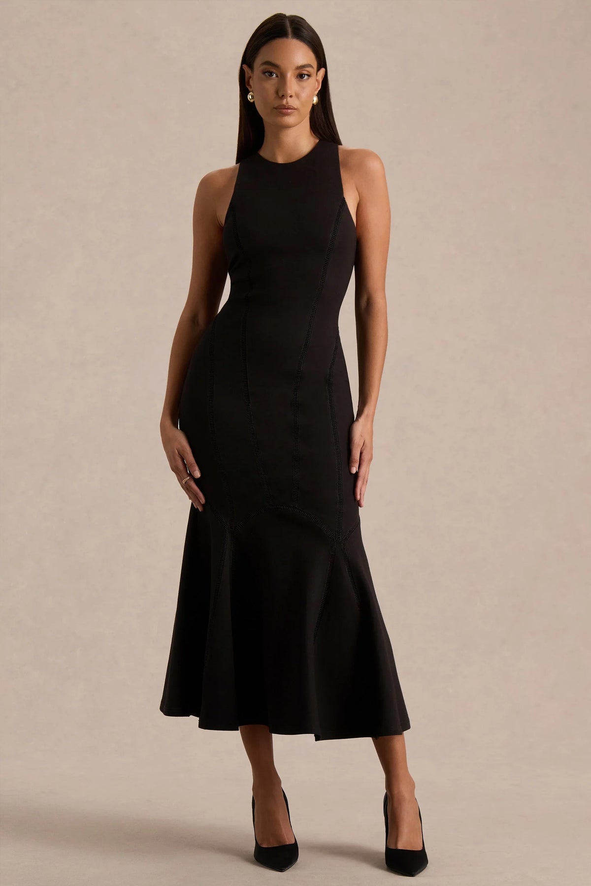 Sally | Black Crew-Neck Midi Dress With Drop Waist And Pleated Detailing