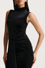 Idalina | Black Velvet High-Neck Maxi Dress With Gathered-Detailing