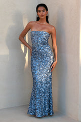 Evabeth | Powder Blue Sequin Strapless Maxi Dress