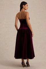 Violetta | Burgundy Velvet Bandeau Midi Dress With Drop-Waist And Gathered Skirt