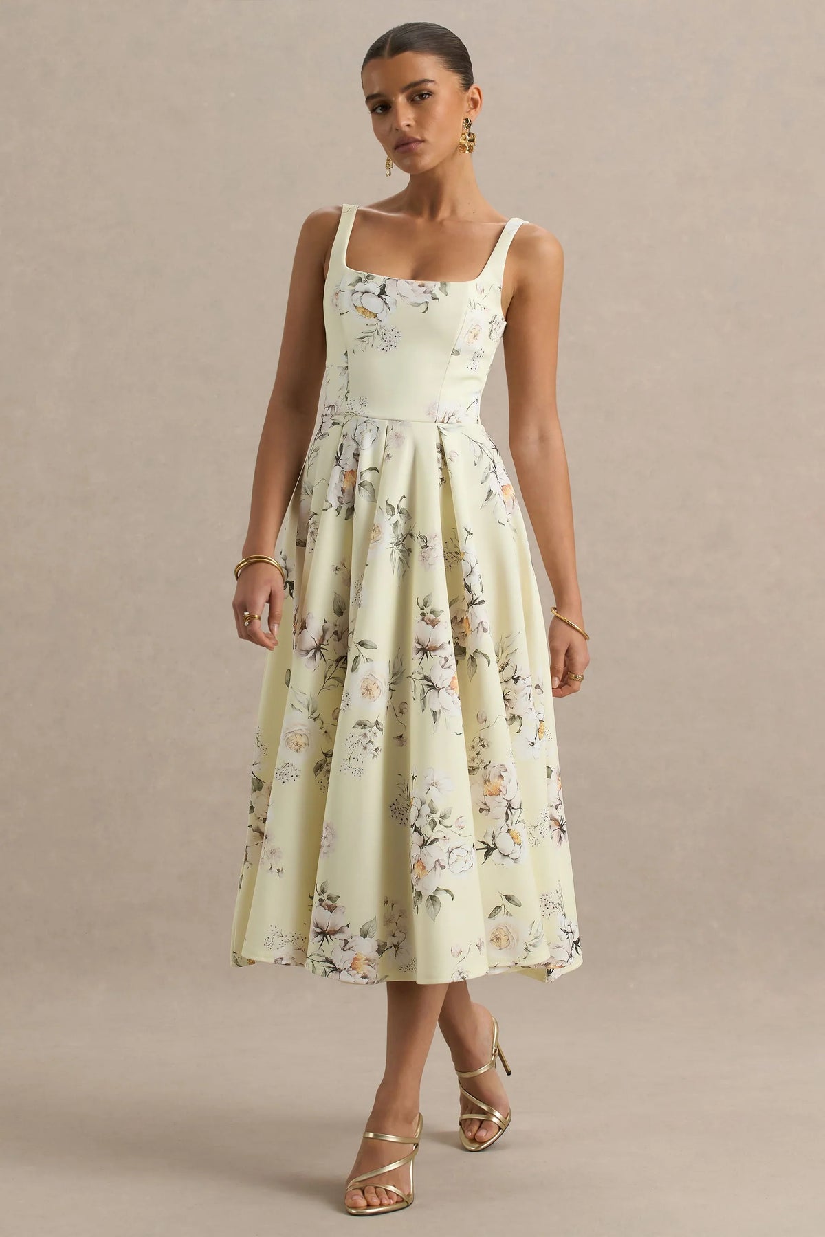 Lissa | Lemon Floral Bouquet Print Square-Neck Midi Dress