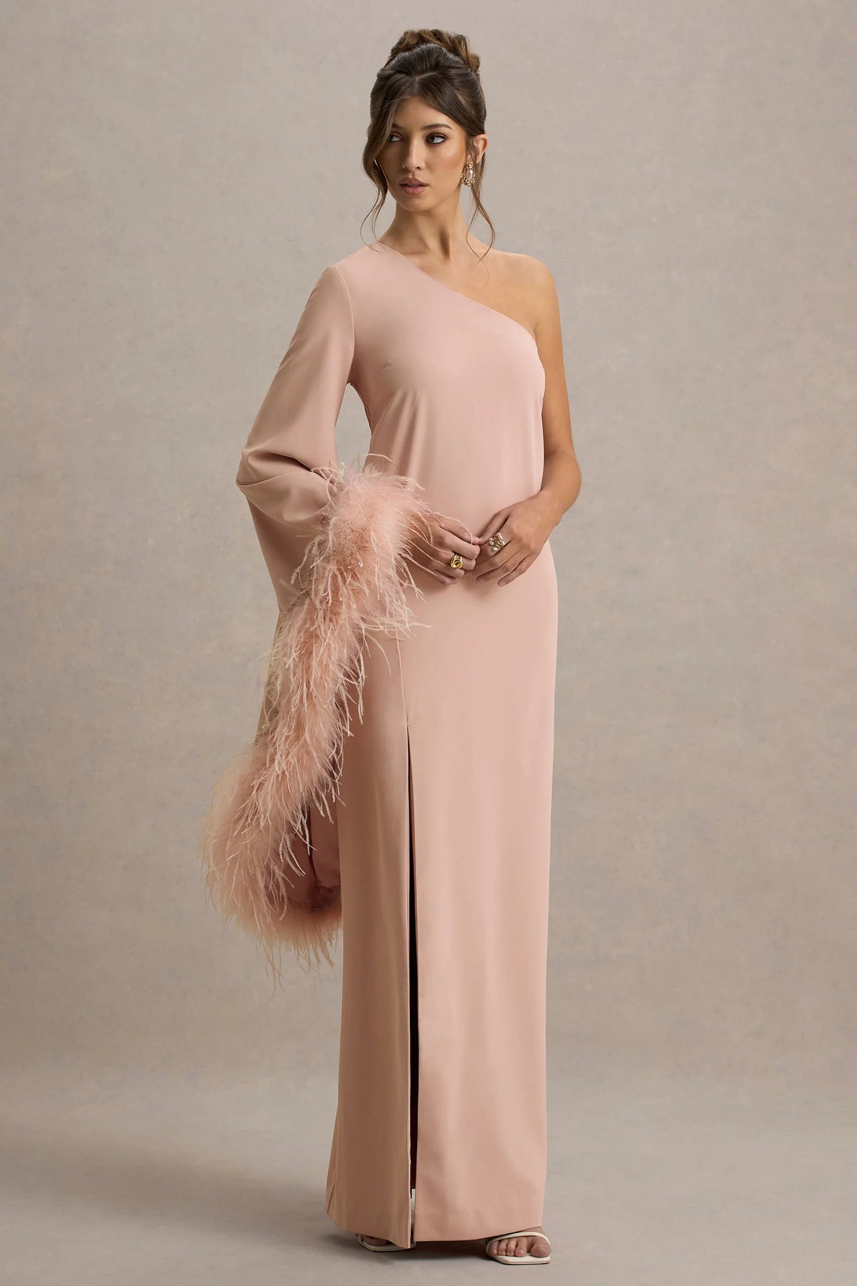 Armina | Blush Pink One-Shoulder Feather-Trim Maxi Dress