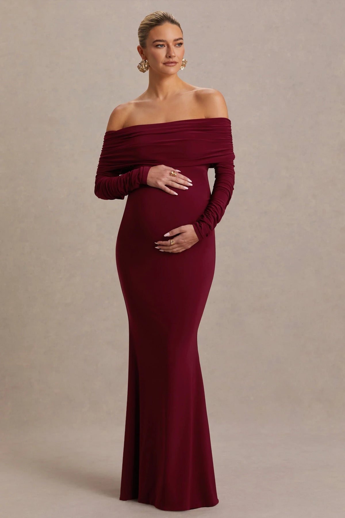 Odessa | Berry Bardot-Neck Maternity Maxi Dress