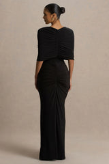 Zinnie | Black Cape-Sleeve Maxi Dress With Mesh Panel