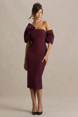 Lucille | Burgundy Asymmetric Bardot Midi Dress