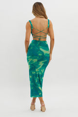 Dream Crush Lace-Up Back Side Split Maxi Dress Swirl Green