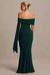 Aquila | Bottle Green Bardot Maternity Maxi Dress With Drape Sleeve