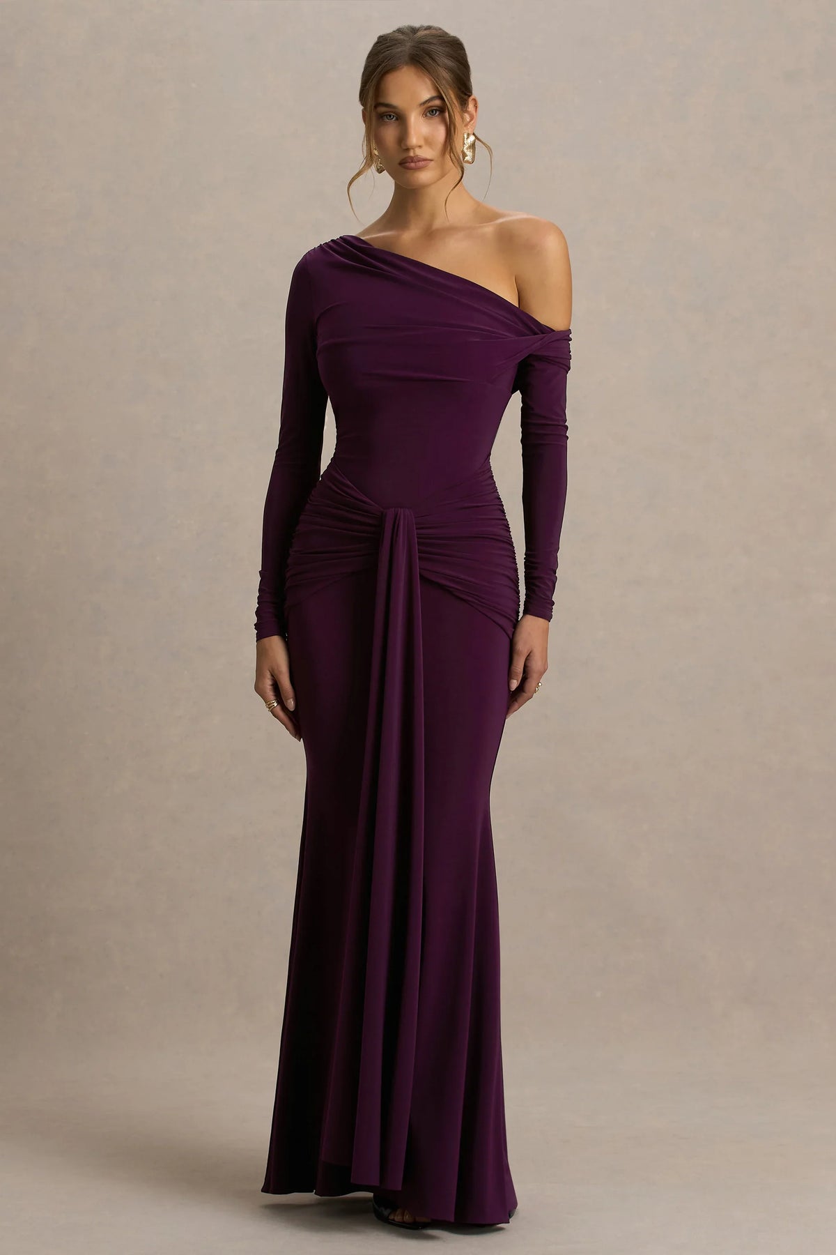 Clover | Burgundy Asymmetric-Neck Wrapped Maxi Dress With Sash