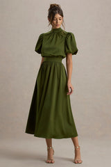 Persea | Olive Satin Puff-Sleeve Midi Dress With Bow
