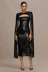 Adeline | Black Sequin Crew-Neck Midi Dress With Cape Sleeves