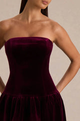 Violetta | Burgundy Velvet Bandeau Midi Dress With Drop-Waist And Gathered Skirt