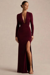 Command | Burgundy Plunge-Neck Maxi Dress With Front-High Split