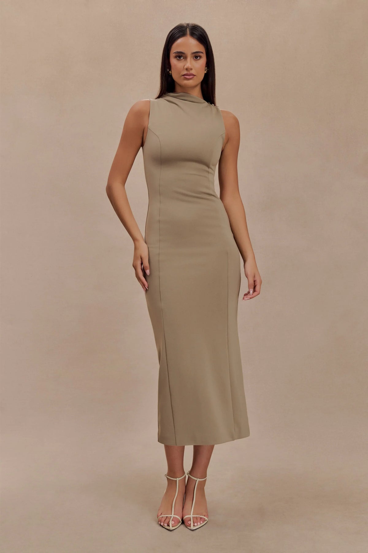 Taylor Draped Stretch Crepe Midi Dress - Mushroom