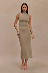 Taylor Draped Stretch Crepe Midi Dress - Mushroom