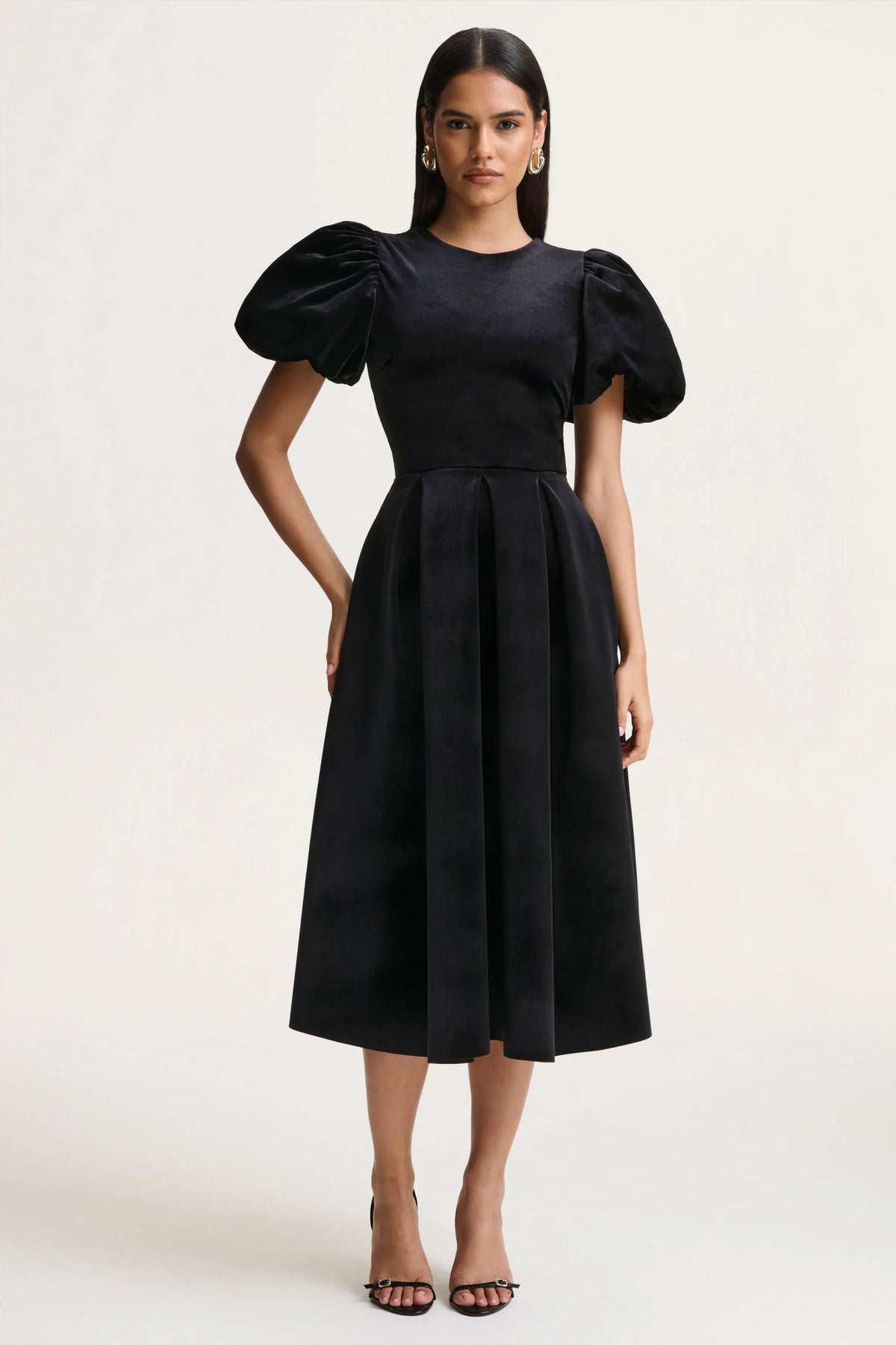 Seraphic | Black Velvet Puff-Sleeve Midi Dress