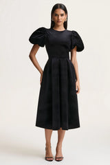 Seraphic | Black Velvet Puff-Sleeve Midi Dress