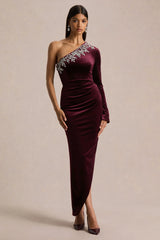 Nyssa | Burgundy Embellished Asymmetric-Neck Maxi Dress