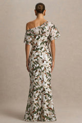 Iony | White And Green Sequin Floral And Mesh Asymmetric-Neck Maxi Dress