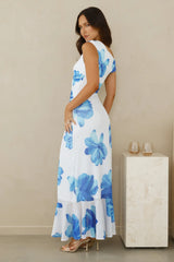 Masquerade Muse One Shoulder Mesh Maxi Dress Blue